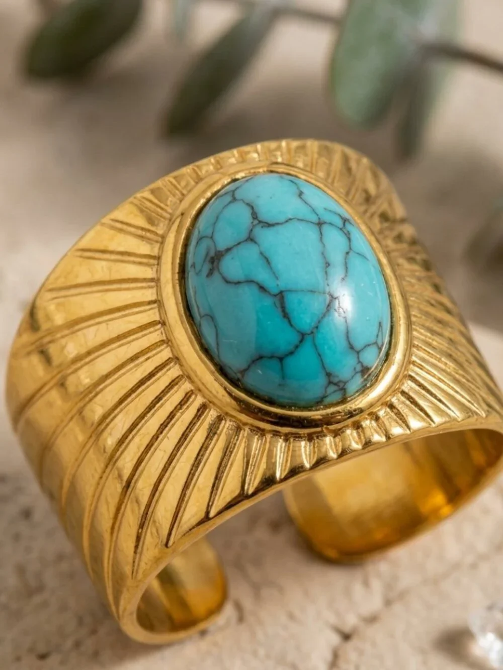 Turquoise Sunburst Wide Band Adjustable Ring 14K Gold Plated Boho Western 7-9